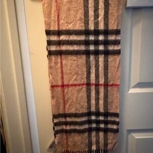 Burberry Camel Plaid Cashmere Scarf with Black & Red Stripes